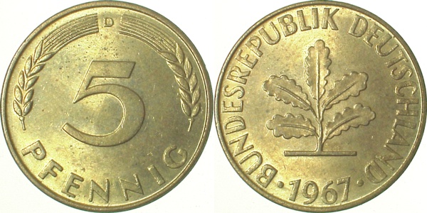 5 Pfennig 1967 D bfr J382 bfr 5 Pfennig