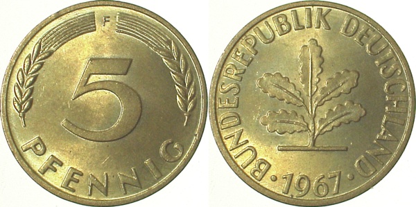 5 Pfennig 1967 F bfr/stgl J382 bfr / stgl 5 Pfennig