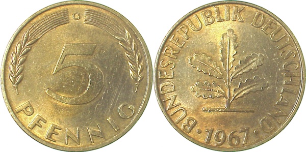 5 Pfennig 1967 G bfr/stgl J382 bfr