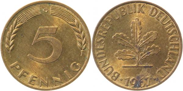 5 Pfennig 1967 G vz/bfr J382 vz / bfr