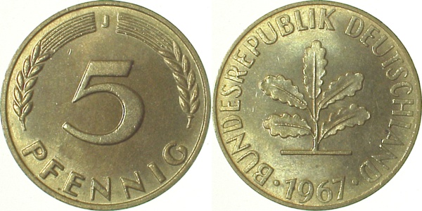 5 Pfennig 1967 J bfr/stgl J382 bfr / stgl 5 Pfennig