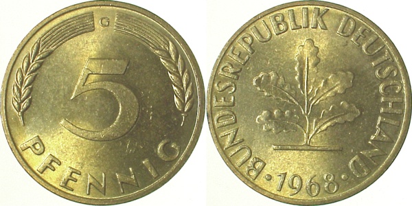 5 Pfennig 1968 D bfr/stgl J382 bfr / stgl 5 Pfennig