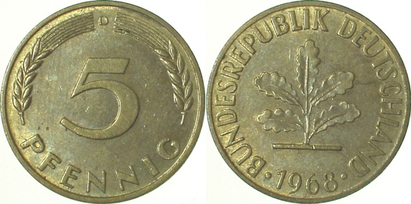 5 Pfennig 1968 D bfr J382 bfr 5 Pfennig