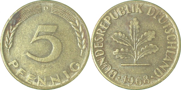 5 Pfennig 1967 D | Variante | Grannen angewachsen