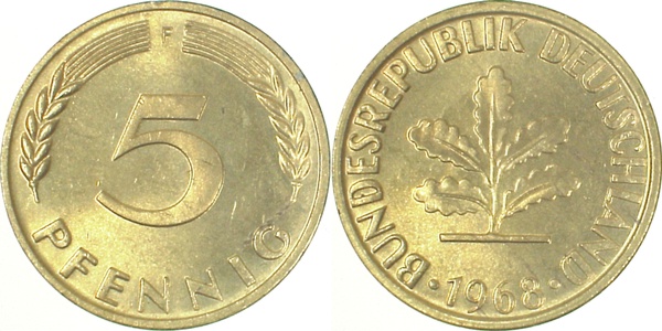 5 Pfennig 1968 F stgl J382 stgl 5 Pfennig
