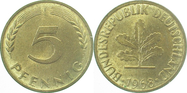 5 Pfennig 1968 F bfr/stgl J382 bfr / stgl 5 Pfennig