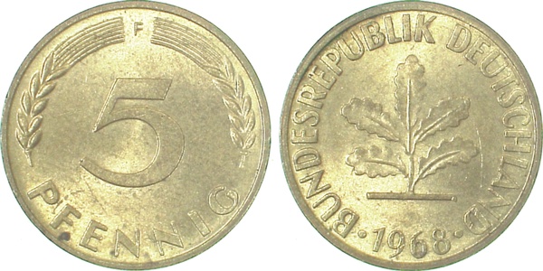 5 Pfennig 1968 F vz/st J382 vz/st 5 Pfennig