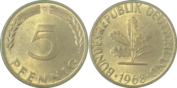 5 Pfennig 1968 G stgl fein J382 stgl 5 Pfennig
