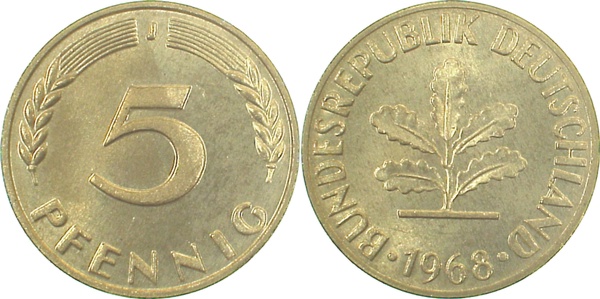 5 Pfennig 1968 J stgl fein J382 stgl 5 Pfennig