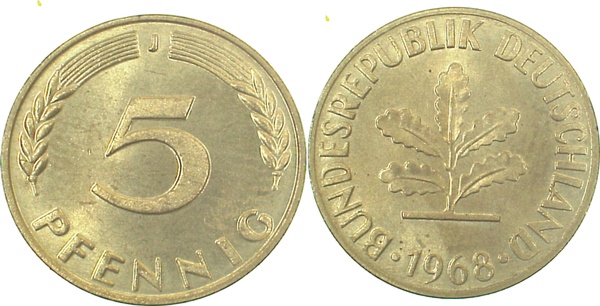 5 Pfennig 1968 J stgl J382 stgl 5 Pfennig