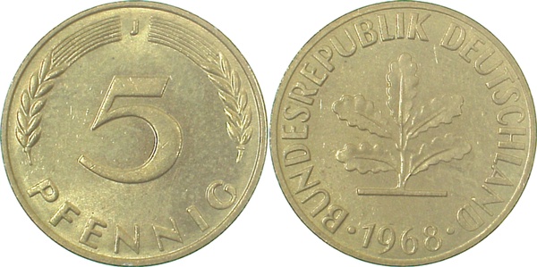 5 Pfennig 1968 J stgl Erstabschlag (Ea)! ! J382 stgl 5 Pfenn