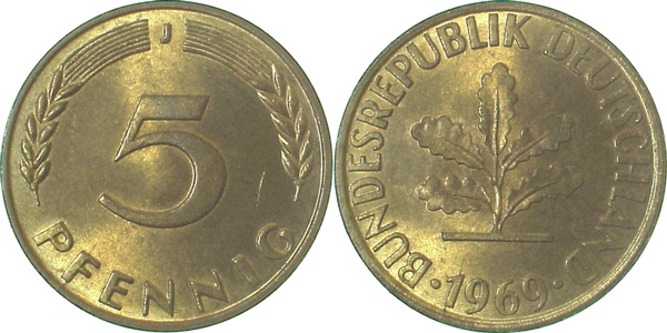 5 Pfennig 1969 J stgl J382 stgl 5 Pfennig