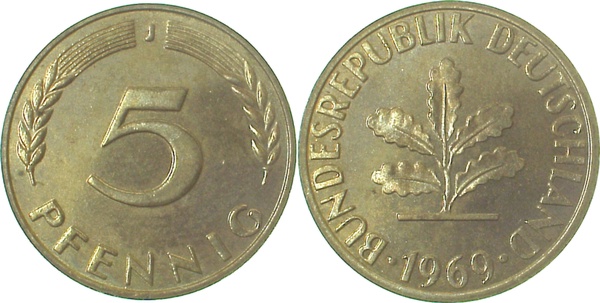 5 Pfennig 1969 J st Erstabschlag (Ea)! ! J382 st 5 Pfennig