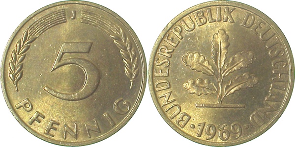 5 Pfennig 1969 J bfr/stgl J382 bfr / stgl 5 Pfennig