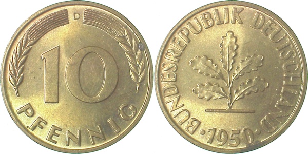 10 Pfennig 1950 D st fein/min Korr J383 10 Pfennig