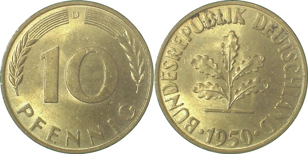 10 Pfennig 1950 D bfr/stgl J383 bfr / stgl 10 Pfennig