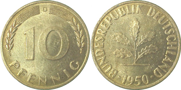 10 Pfennig 1950 G f stgl Erstabschlag (Ea)! ! J383 f stgl 10 Pfennig