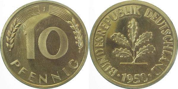 10 Pfennig 1950 J Polierte Platte Auflage 600 Exemplare J383