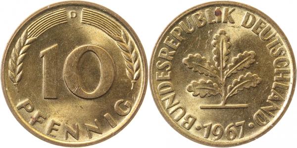 10 Pfennig 1967 D J383 bfr/stgl Eisen Messingplattiert