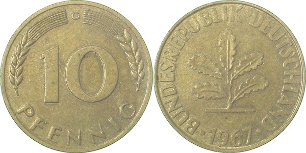 10 Pfennig 1967 G vz/stgl J383 vz / stgl 10 Pfennig