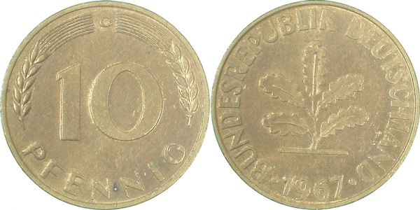 10 Pfennig 1967 G vz+ J383 vz+ 10 Pfennig