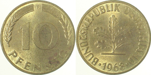 10 Pfennig 1968 F bfr/stgl J383 bfr / stgl 10 Pfennig