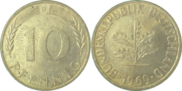 10 Pfennig 1969 D bfr Erstabschlag (Ea)! ! J383 bfr 10 Pfennig
