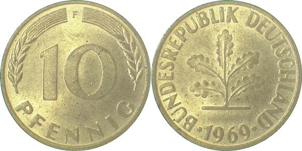 10 Pfennig 1969 F bfr/stgl J383 bfr / stgl 10 Pfennig