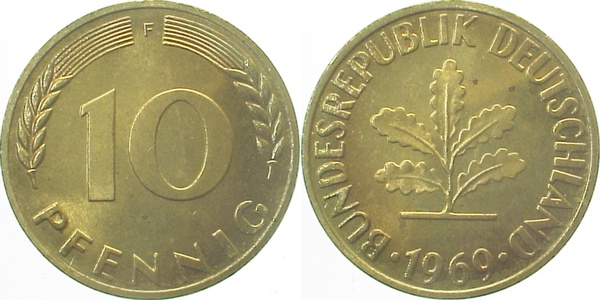 10 Pfennig 1969 F bfr/st Erstabschlag (Ea)! ! J383 bfr / st 10 Pfennig