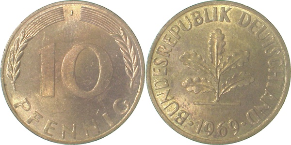 10 Pfennig 1969 J bfr/stgl J383 bfr / stgl 10 Pfennig