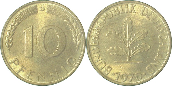 10 Pfennig 1970 G bfr/stgl J383 bfr / stgl 10 Pfennig