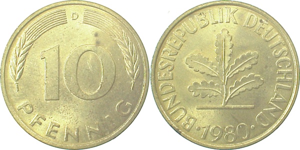 10 Pfennig 1980 D bfr/st Erstabschlag (Ea)! ! J383 bfr / st 10 Pfennig