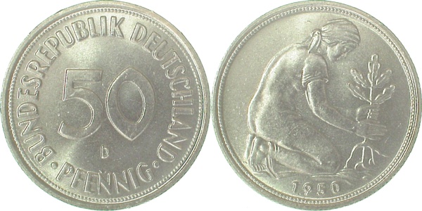 50 Pfennig 1950 D bfr/stgl J384 bfr / stgl 50 Pfennig