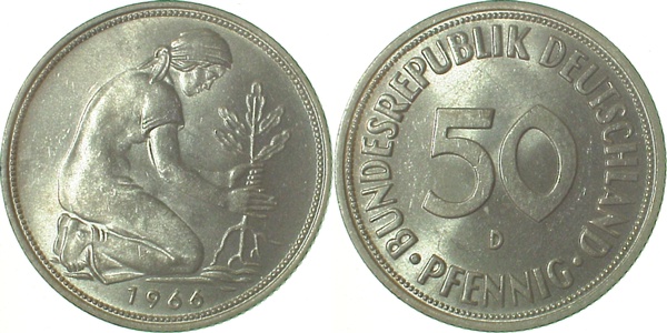 50 Pfennig 1966 D bfr/stgl J384 bfr / stgl 50 Pfennig