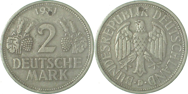 2 DM 1951 D Ähren J386 ss zwei kleine Löcher