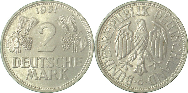 2 DM 1951 G Ähren, sehr selten i.d. Erhaltung