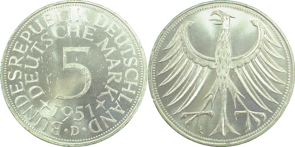 5 DM 1951 D stempelglanz ERSTABSCHLAG J387