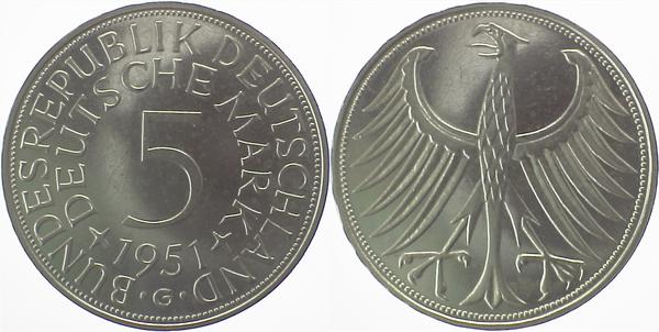 5 DM 1951 G f.stgl Erstabschlag J387 Silber