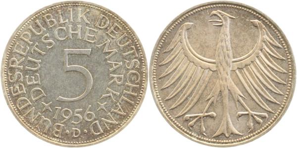 5 DM 1956 D stgl Erstabschlag J387 stgl 5 DM