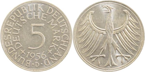 5 Deutsche Mark 1956 D vorzüglich/stempelglanz