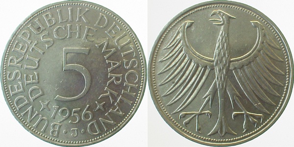 5 DM 1956 J fast vorzüglich