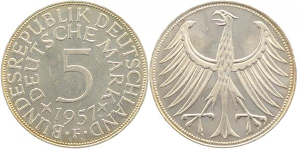 5 Deutsche Mark 1957 F bfr / stgl 38757F-1.1 Silberadler