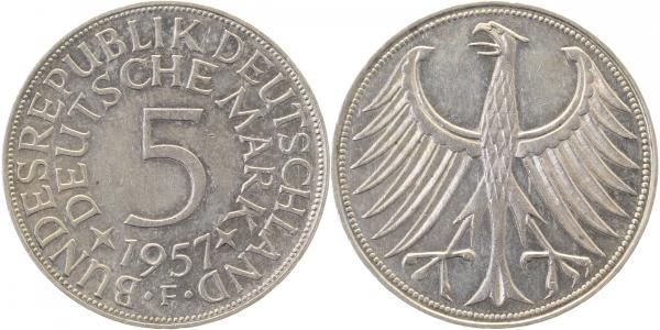 5 Deutsche Mark 1957 F vorzüglich Erstabschlag J387