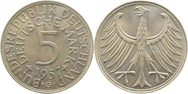 5 DM 1957 G bfr/stgl/stgl tolle Regenbogen Patina