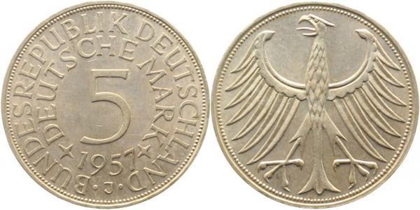 5 DM 1957 J bankfrisch/stempelglanz J387