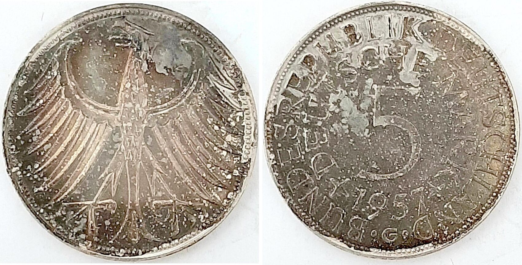5 DM 1957 G stgl. TOP Regenbogen Patina J387