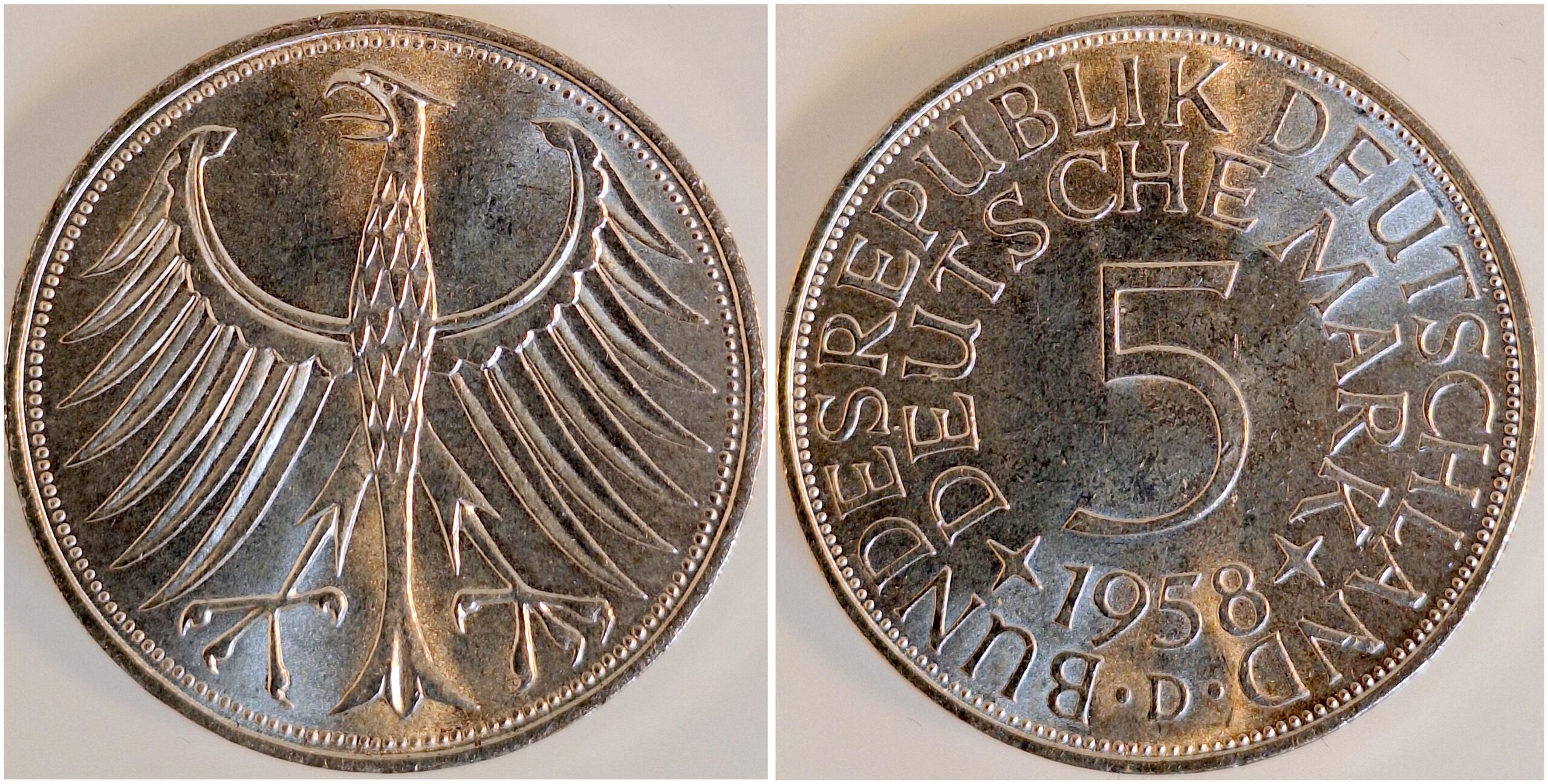 5 Mark 1958 D bfr/stgl Erstabschlag zaponiert J387