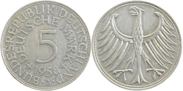 5 DM 1958 J ss/vz, minimalen Randfehler, leichter Patina