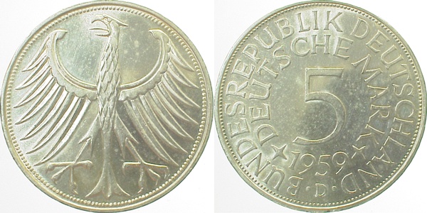 5 DM 1959 D bfr/stgl, TOP