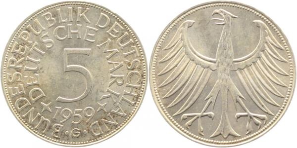 5 DM 1959 G, bfr/stgl,sehr deutliche Prägung, leichte Patina